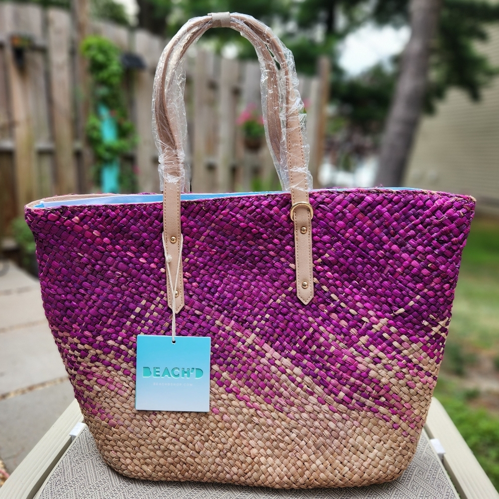 BEACH'D Seagrass Market Tote Bag Violet/Natural 21" - NWT